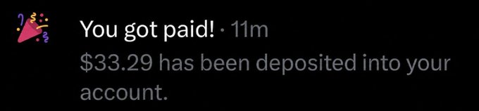 A mobile app notification reading 'You got paid! · 11m' showing '$33.29 has been deposited into your account.'