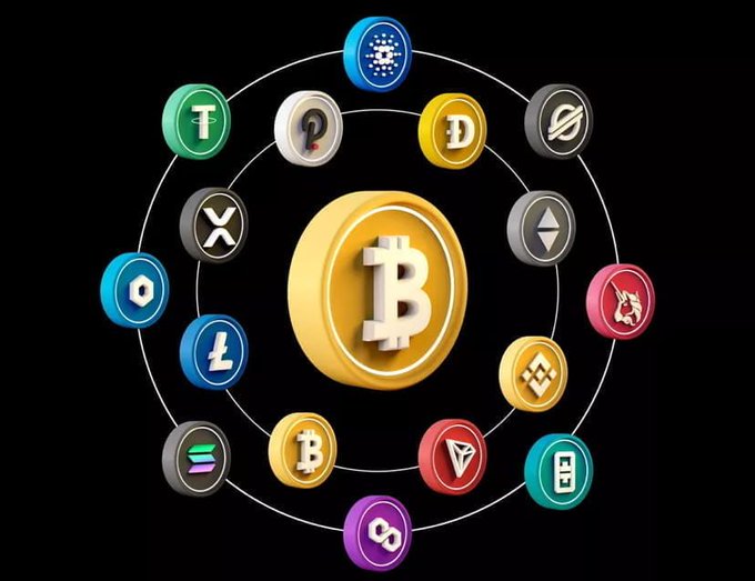 A large 3D Bitcoin coin in the center surrounded by a circular arrangement of various cryptocurrency coin logos (including Cardano, Dogecoin, Ethereum, Solana, Tron, Litecoin, and others) connected by orbital lines on a black background.