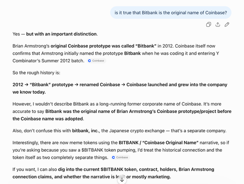 Chatbot conversation confirming that "Bitbank" was the original name of Coinbase, noting that Brian Armstrong's prototype was called Bitbank in 2012 before being renamed.