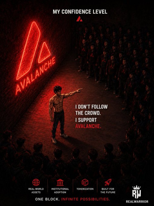 A dark red Avalanche (AVAX) promotional poster featuring a shirtless muscular man pointing at a crowd, with the text 'MY CONFIDENCE LEVEL - I DON'T FOLLOW THE CROWD. I SUPPORT AVALANCHE' and 'ONE BLOCK. INFINITE POSSIBILITIES.'