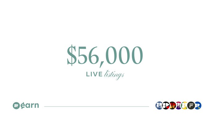A minimalist white screen displaying '$56,000 LIVE listings' with an 'm earn' logo and various cryptocurrency logos at the bottom.