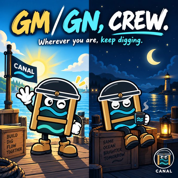 A cartoon illustration for 'CANAL' saying 'GM/GN, CREW. Wherever you are, keep digging,' featuring a wave-like character by the ocean in day and night scenes.