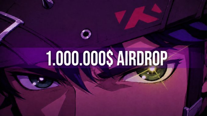 This anime-style graphic announces a "1.000.000$ AIRDROP" which aligns with the post mentioning a $1 million airdrop from @Velvet_Capital.