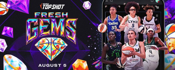 The image is a promotional graphic for "WNBA Top Shot Fresh Gems," launching August 5, featuring WNBA players including Dallas #35, Lynx #5 (Mayo), and Connecticut #4 alongside gem and basketball imagery. The graphic ties into the announcement of completed Fresh Gems pre-orders, teasing upcoming Premium Chance Hits and Chance Hits releases.