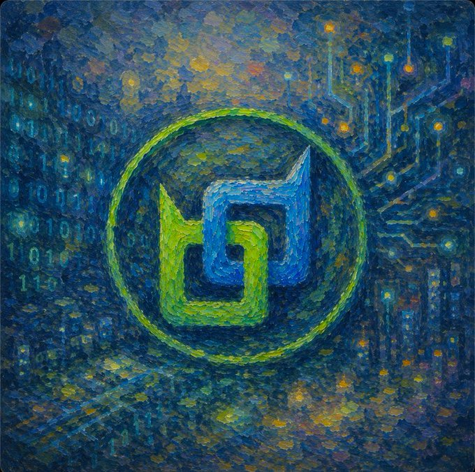 A digital painting displays a glowing green and blue interlocking logo symbol within a circular border, set against a dark blue circuit-board patterned background filled with binary code.