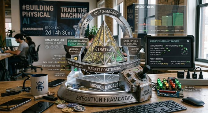A conceptual image depicts a 'Strategy' pyramid on an 'Execution Framework' base within a tech workspace, surrounded by elements like an 'Airdrop Farming Tracker' screen and 'AI Robotics' posters.