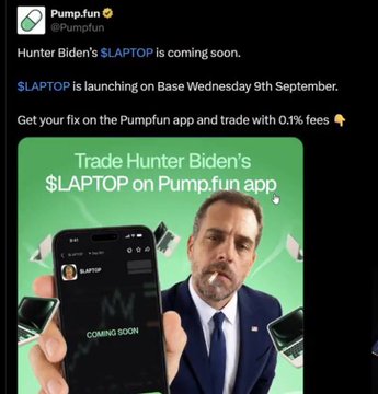 The post shows Pump.fun's official X/Twitter announcement that "Hunter Biden's $LAPTOP is coming soon" with a launch on Base scheduled for Wednesday, 9th September, featuring promotional artwork of Hunter Biden alongside the ticker $LAPTOP. The tweet "pumpfun deleted?💀" suggests the original post has since been removed from the platform, making this image a screenshot capturing the now-deleted announcement.