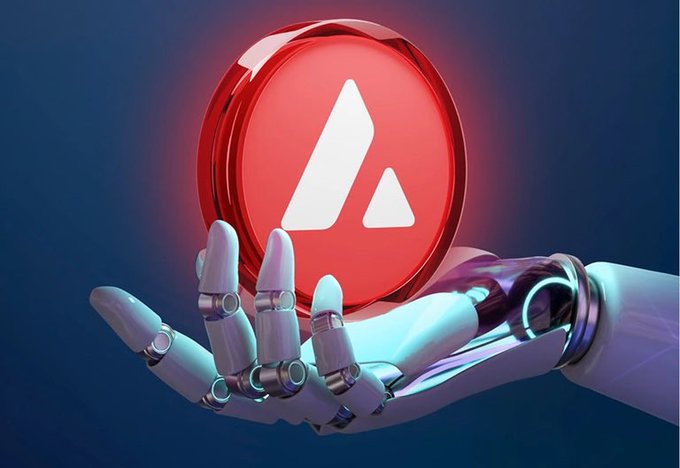 3D render of a white robotic hand holding a glowing red coin featuring the Avalanche (AVAX) logo.