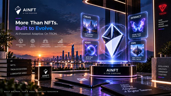 A promotional graphic for AINFT on the TRON blockchain, featuring 'More Than NFTs. Built to Evolve.' with floating panels illustrating CREATE, INTERACT, ADAPT, and OWN capabilities.