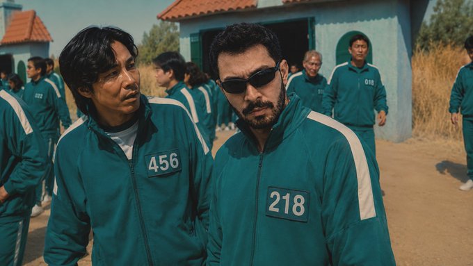 Scene from the TV show Squid Game showing two men in green tracksuits with numbers 456 and 218 on their chests, standing in an outdoor area with other contestants in the background.