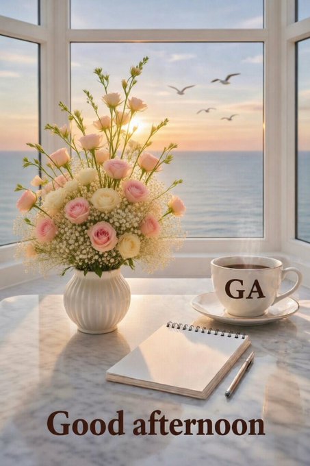 A serene scene featuring a vase of pink and white flowers, a coffee cup labeled 'GA', and a notepad on a marble surface by a window overlooking the ocean at sunset, with 'Good afternoon' written below.