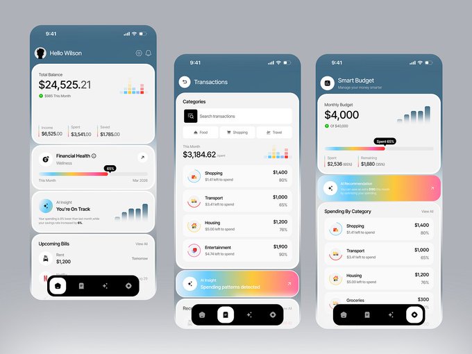 A UI design mockup displaying three smartphone screens for a finance app, showing a total balance of "$24,525.21," transactions list, and a "Smart Budget" overview for a user named "Hello Wilson."