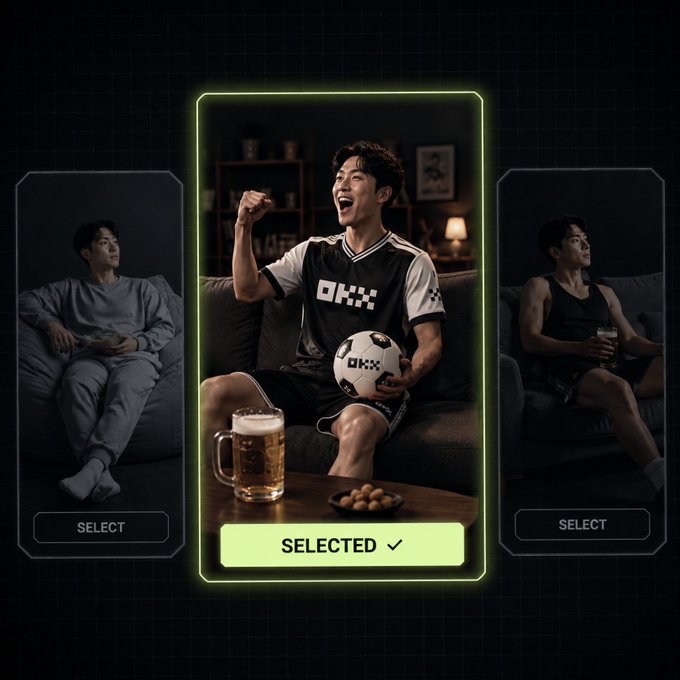 Character selection screen showing a man in an OKX-branded jersey celebrating with a soccer ball on a couch, flanked by two other characters holding drinks, with the central option marked 'SELECTED'.