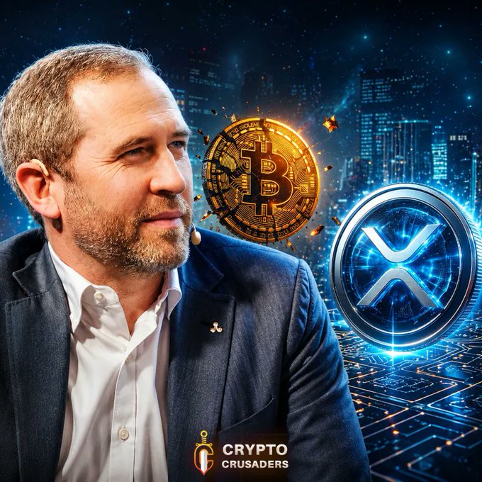 A man in a suit appears beside Bitcoin and XRP coin graphics against a futuristic cityscape, with "CRYPTO CRUSADERS" branding at the bottom. The image visually promotes the post's claim that $XRP is outperforming Bitcoin in key metrics, using the prominent display of both cryptocurrencies to underscore the comparison.