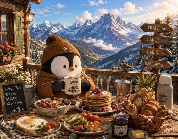 A charming illustration of a penguin wearing a brown beanie and jacket enjoying a mountain breakfast with pancakes, fruits, and coffee labeled 'GOOD MORNING', beside a signpost pointing to 'TRAIL', 'LAKE', 'CABIN', and 'HAPPINESS'.