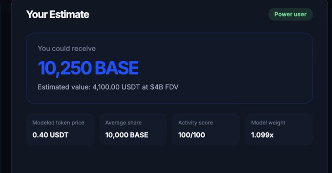 The image shows a screenshot of a beta testing app that provides an estimated amount of tokens received from an airdrop. The app displays text indicating that the estimated value is $BASE, which suggests that tokens will be based on the base price. The app also includes a chart with scores for model weight and activity score to further assist users in understanding how well their models are performing.