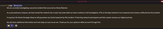 An official Keeta (KTA) Discord announcement dated April 18, 2026 from @KTA informs users of a security incident on Keeta Mainnet, prompting the team to place the network in read-only mode while they investigate. The message clarifies that KTA on the Base network is unaffected and that the Keeta Strategic Reserve will cover any impacted funds.