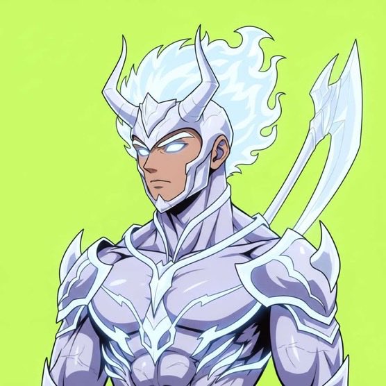 An anime/manga-style illustration of a character wearing ornate silver-white armor with horned helmet, glowing blue eyes, and flame-like white hair, set against a bright lime green background.