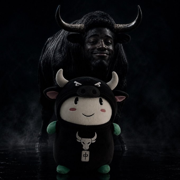 A dark, dramatic image shows a menacing bull with a human-like face looming behind a cute black plush toy cow wearing a hood with horns, green gloves, and a Chinese character on its tag. The pairing of the powerful bullish figure with the meme-worthy plush toy humorously visualizes the "generational" bull run predicted for $CUPSEY, blending fierce market optimism with playful crypto culture.
