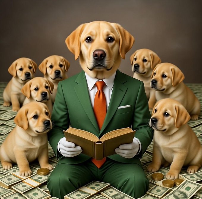 A central Labrador in a green suit and orange tie reads a book while surrounded by six attentive puppies amid scattered hundred-dollar bills and gold coins, symbolizing leadership and wealth-building. The image visually reinforces the post's theme of "The Underdogs," where Franco—like the central dog in formal attire—guides his loyal followers (the puppies) with wisdom and trust, emphasizing loyalty and experience over hype.