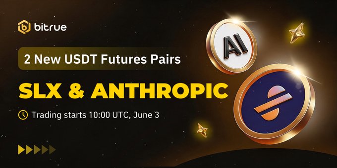 The image features a poster advertising Bitcoin future trading pairs for $SLX and $ANTHROPIC, with an emphasis on leverage provided by Bitrue. The text displayed on the poster indicates that these new trading pairs have been launched, and the poster highlights the details of how to get started, which includes leveraging products like $SLX and $ANTHROPIC.