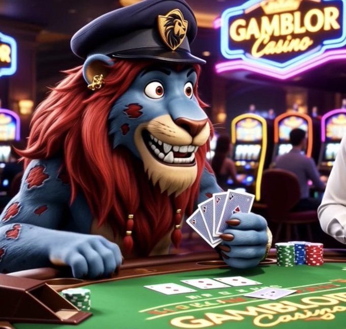 A 3D-rendered anthropomorphic lion dressed as a casino dealer wearing a police-style hat, holding playing cards at a poker table with chips, set inside the 'Gamblor Casino'.