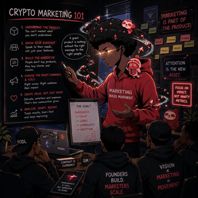 A colorful infographic titled 'CRYPTO MARKETING 101' showing an illustrated scene of a person giving a presentation, with listed steps like 'UNDERSTAND THE PRODUCT' and 'BUILD THE NARRATIVE'.