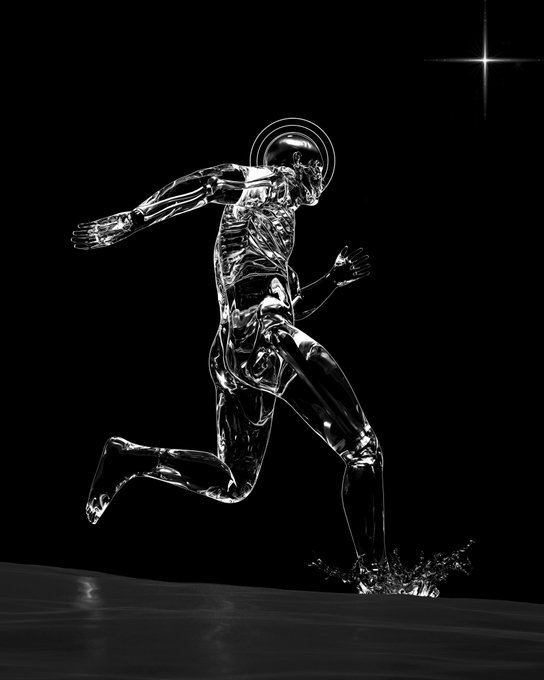 A chrome, translucent humanoid figure sprints across a dark surface, splashing through liquid as a lone star gleams above, capturing the dynamic motion and transformation implied by the title "Stride of Becoming." The single-edition NFT (1/1) by @TransientLabs visually echoes the piece's theme of emergent, evolving form.