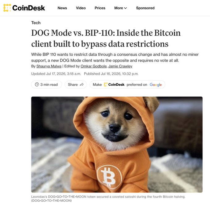 A CoinDesk Tech article titled 'DOG Mode vs. BIP-110: Inside the Bitcoin client built to bypass data restrictions' by Shaurya Malwa, featuring a photo of a Shiba Inu puppy in an orange Bitcoin hoodie representing the DOG-GO-TO-THE-MOON token.