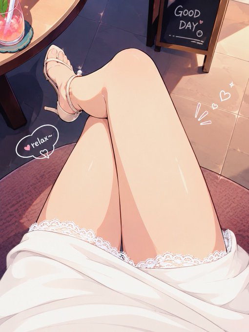 An anime-style illustration shows a person's crossed legs in high heels and a white lace-trimmed skirt, with a chalkboard sign reading "Good DAY" in the background and a "♥ relax~" speech bubble. The image's relaxed, laid-back vibe contrasts with the post's message about the active effort required to build genuine on-chain activity for a potential Base airdrop, suggesting that meaningful engagement—not just transaction volume—matters.