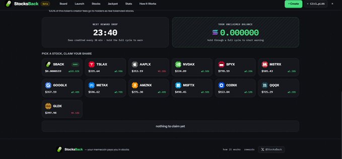A screenshot of the StocksBack dashboard showing a countdown timer of 23:40 until the next reward drop and an unclaiEMED balance of 0.000000, along with a list of stock tickers including $BACK, $TSLAX, $AAPLX, $NVDAX, $SPYX, $MSTRX, $GOOGLX, $METAX, $AMZNX, $MSFTX, $COINX, $QQQX, and $GLDX — illustrating the platform's interface where users can claim SBACK tokens or stock rewards every 30 minutes.