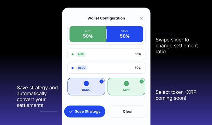 A mobile app wallet configuration screen from MegPrimePay shows a settlement ratio split of 50% MPP and 50% USDC, with the caption explaining that users can swipe to adjust the ratio and select tokens like USDC and MPP to save a strategy for automatic payment conversions.