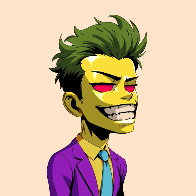 A cartoon-style illustration of the Joker with green hair, a wide grin, red eyes, and a purple suit with a blue tie against a beige background.