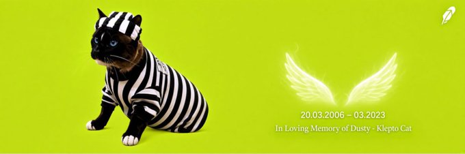 A tribute-style image features a black and white cat wearing a striped outfit resembling a prisoner's uniform, set against a bright green background with angel wings and the text "20.03.2006 – 03.2023, In Loving Memory of Dusty - Klepto Cat." The image cleverly plays on the $DUSTY crypto ticker referenced in the post, using the deceased "Klepto Cat" Dusty as a mascot to give the meme coin a distinctive, memorable identity that stands out from typical Solana projects.