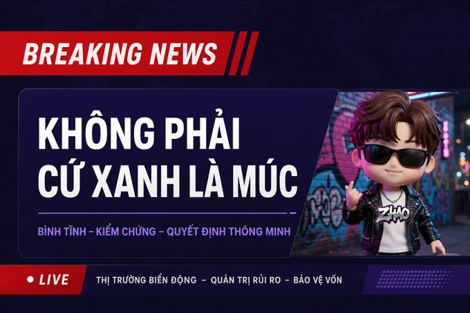 A breaking news-style graphic features a cartoon avatar wearing sunglasses and a black leather jacket, set against a graffiti wall background, with bold Vietnamese text reading "KHÔNG PHẢI CỨ XANH LÀ MÚC" (translating to "Not everything green is worth buying"), accompanied by "BÌNH TĨNH - KIỂM CHỨNG - QUYẾT ĐỊNH THÔNG MINH" (Stay calm - Verify - Decide smartly) and a ticker banner highlighting "THỊ TRƯỜNG BIẾN ĐỘNG - QUẢN TRỊ RỦI RO - BẢO VỆ VỐN" (Volatile market - Risk management - Capital protection).

The image reinforces the post's cautionary message about meme coin FOMO, visually warning traders not to chase every green candle in a fast-rotating market where pumps like