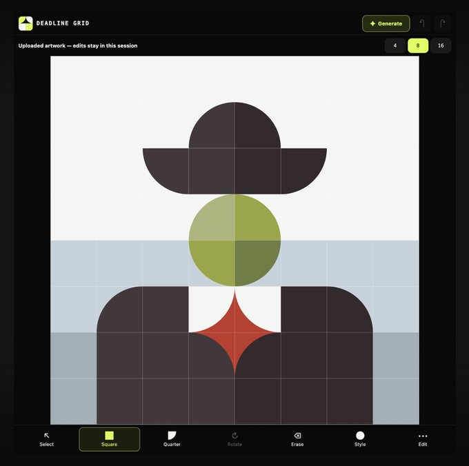 A screenshot of a design tool called "DEADLINE GRID" showing an abstract geometric artwork with a hat shape, circles, and a diamond pattern in dark and green colors.