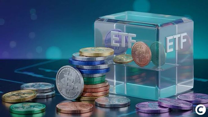 Stacks of colorful crypto coins and a Bitcoin token sit beside a transparent cube etched with "ETF," visually representing the mixed performance of crypto spot ETFs—predominantly net outflows for BTC ($1.79B) and ETH ($273M), contrasted with modest inflows for XRP ($23M) and HYPE ($111M).