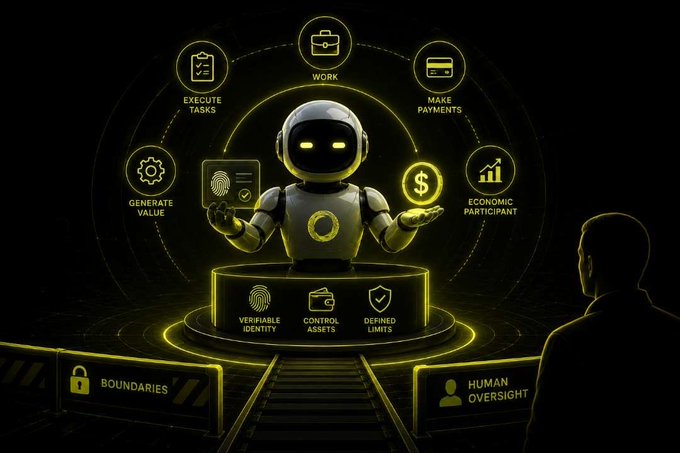 A futuristic graphic showing a robot within a glowing yellow interface, surrounded by labels including 'WORK', 'EXECUTE TASKS', 'MAKE PAYMENTS', 'GENERATE VALUE', 'ECONOMIC PARTICIPANT', 'VERIFIABLE IDENTITY', 'CONTROL ASSETS', 'DEFINED LIMITS', 'BOUNDARIES', and 'HUMAN OVERSIGHT'.
