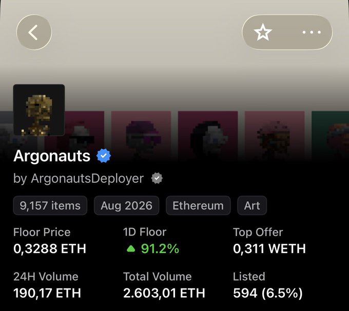 A screenshot of the 'Argonauts' NFT collection by ArgonautsDeployer, showing 9,157 items on Ethereum with a floor price of 0.3288 ETH and 24H volume of 190.17 ETH.