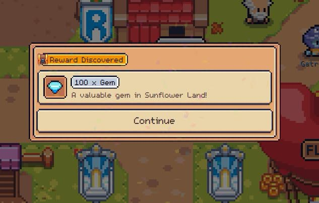 A pixel-art game screenshot showing a 'Reward Discovered' notification for '100 × Gem - A valuable gem in Sunflower Land!' against a village backdrop.