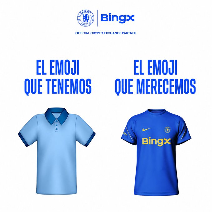 A Chelsea FC and BingX promotional graphic comparing 'EL EMOJI QUE TENEMOS' with a light blue polo shirt versus 'EL EMOJI QUE MERECEMOS' with a blue Chelsea jersey featuring the BingX sponsor logo.