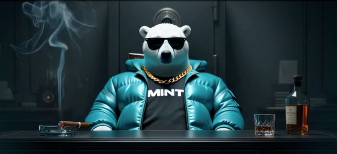 A stylized polar bear wearing sunglasses, a gold chain, and a blue puffer jacket with 'MINT' on its shirt, sitting at a desk with a cigar and whiskey.