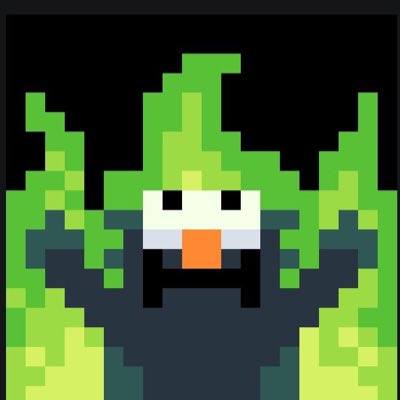 Pixel art of a small white character with an orange beak or mask, surrounded by green foliage against a black background.