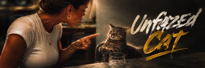 A stylized illustration of a woman wagging her finger at an 'Unfazed Cat' sitting on a chair, with the title 'UNFAZED CAT' in bold yellow and white text.