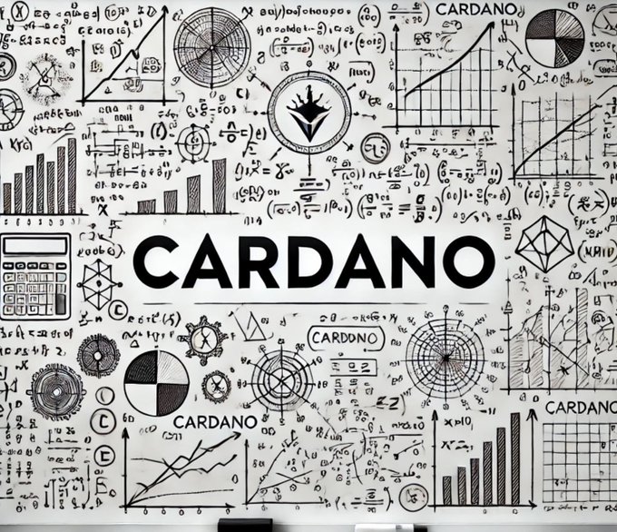 A whiteboard covered in mathematical equations, graphs, charts, and the word "CARDANO" prominently displayed in the center, alongside a Cardano cryptocurrency logo.