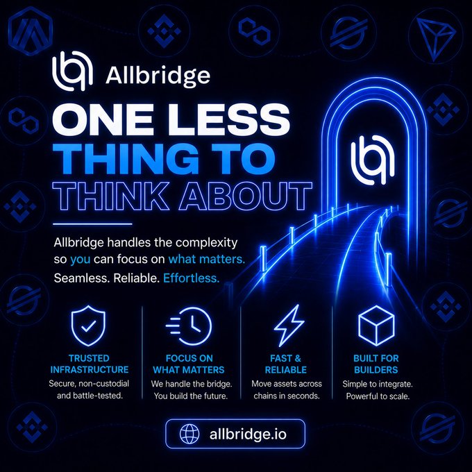 A promotional graphic for Allbridge featuring a man in a white shirt speaking, with volunteers in red vests organizing numerous white supply bags on the ground. The image prominently displays the Allbridge logo and the tagline messaging about simplifying cross-chain transfers.