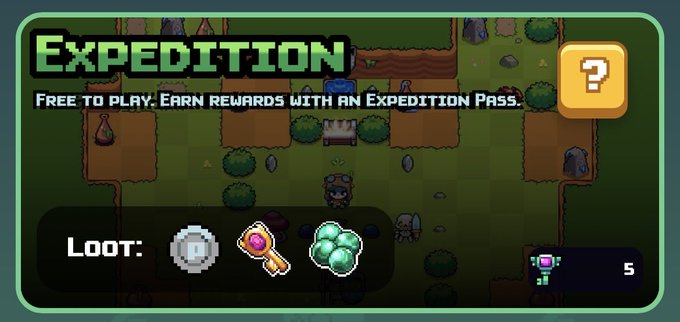 A pixel-art style video game screen titled 'EXPEDITION' reads 'Free to play. Earn rewards with an Expedition Pass' and shows loot including a coin, key, green gems, and a robot icon.