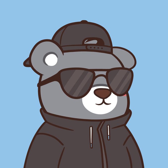 A simple cartoon gray bear wearing a backward cap, dark sunglasses, and a hoodie stands against a light blue background.