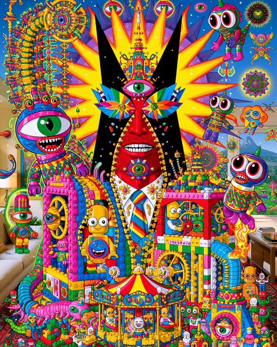 A vibrant, psychedelic digital artwork featuring a central red figure surrounded by bright colors, multiple eyes, cartoonish creatures, and intricate mechanical and architectural elements.