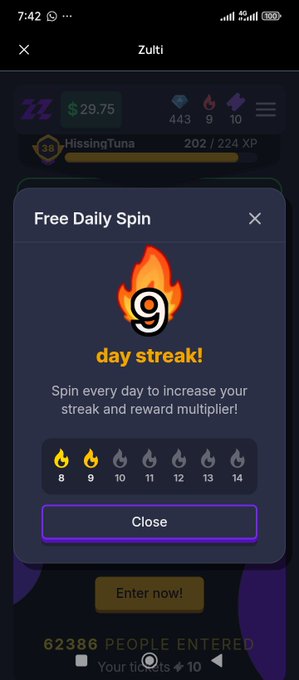 A mobile app screen for 'ZulFi' shows a 'Free Daily Spin' popup with a '9 day streak!' fire badge, encouraging daily spins for streak and reward multipliers.